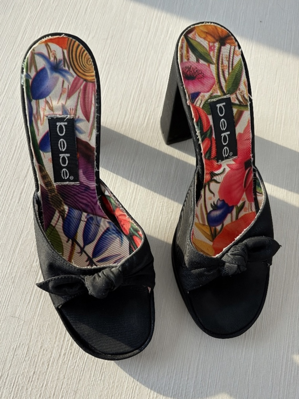 Vintage Y2K bebe Black Satin Mule Block Heels Made in Spain Size 37